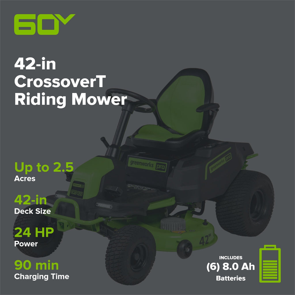 60V 42″ Cordless Battery CrossoverT Riding Lawn Mower: (6) 8.0 Ah Batteries and (3) Dual-Port Turbo Chargers
