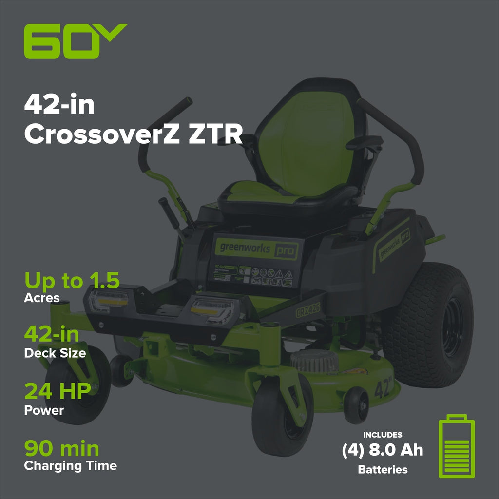 60V 42″ Electric CrossoverZ Zero Turn Mower with (4) 8 Ah Batteries and (2) Dual-Port Turbo Chargers
