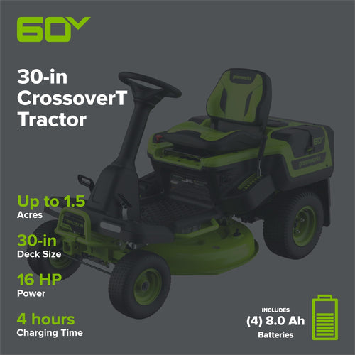 60V 30″ CrossoverT Riding Lawn Tractor with (4) 8.0 Ah Batteries and 600-Watt Charger
