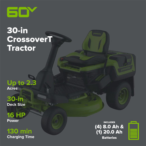 60V 30″ CrossoverT Riding Lawn Tractor, Bagger Included, (4) 8.0 Ah (1) 20.0Ah Batteries and 600-Watt Charger