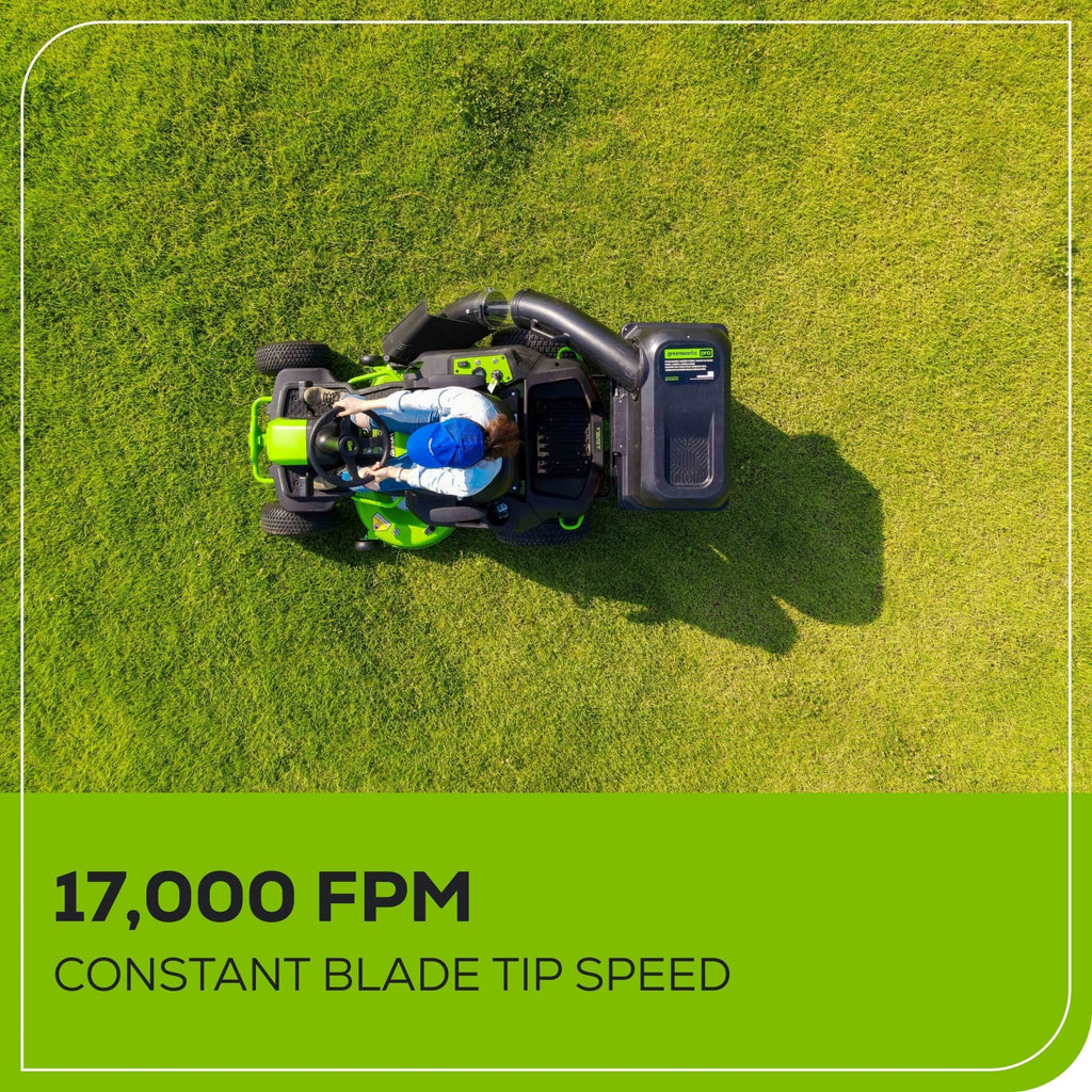 60V 42″ Cordless Battery CrossoverT Riding Lawn Mower + Bagger, (6) 8.0 Ah Batteries and (3) Dual-Port Turbo Chargers