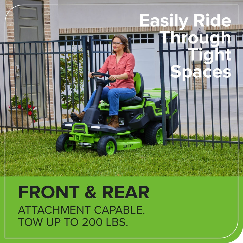 60V 30″ CrossoverT Riding Lawn Tractor, Bagger Included, (4) 8.0 Ah (1) 20.0Ah Batteries and 600-Watt Charger