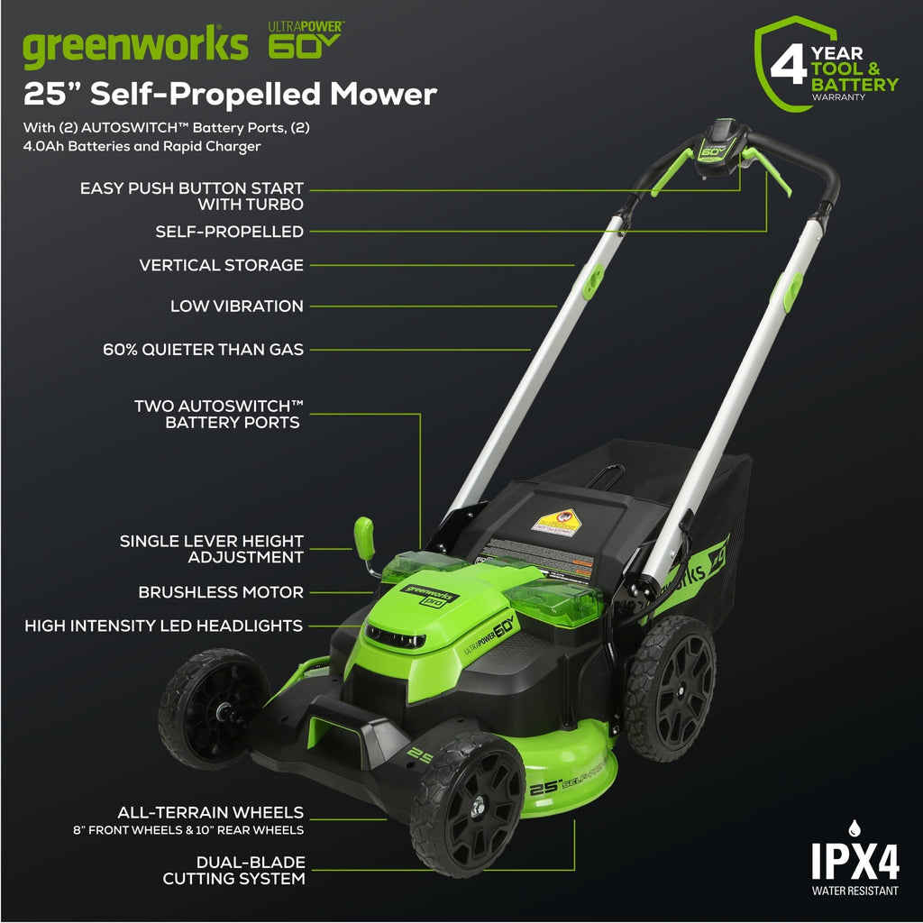 60V 25″ Self-Propelled Lawn Mower 4-pc Combo Kit: (2) 4.0 Ah Batteries and Dual-Port Charger