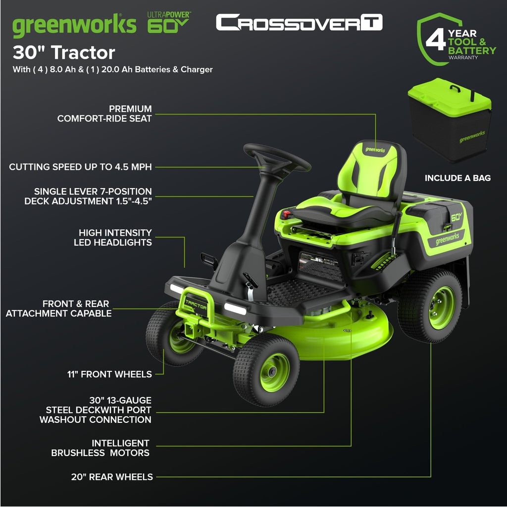 60V 30″ CrossoverT Riding Lawn Tractor, Bagger Included, (4) 8.0 Ah (1) 20.0Ah Batteries and 600-Watt Charger