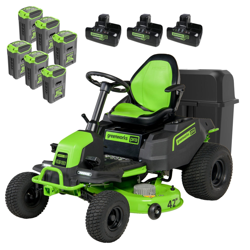 60V 42″ Cordless Battery CrossoverT Riding Lawn Mower + Bagger, (6) 8.0 Ah Batteries and (3) Dual-Port Turbo Chargers
