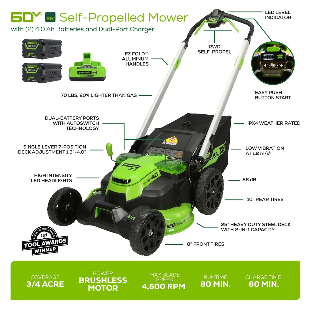 60V 25″ Cordless Battery Self-Propelled Mower Combo Kit, Blower: (2) 4.0 Ah Batteries and Dual-Port Charger