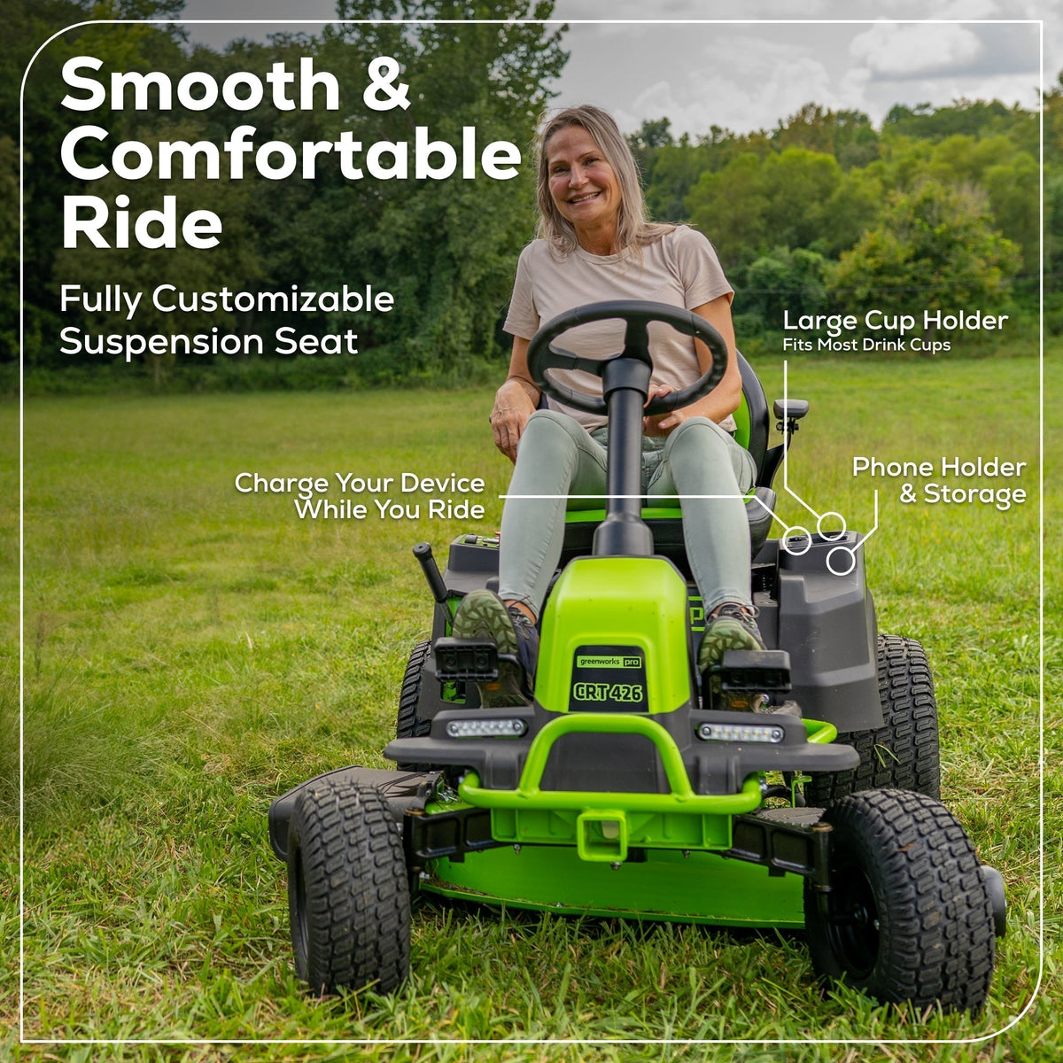 60V 42″ Cordless Battery CrossoverT Riding Lawn Mower, (4) 8.0 Ah Batteries and (2) Dual-Port Turbo Chargers