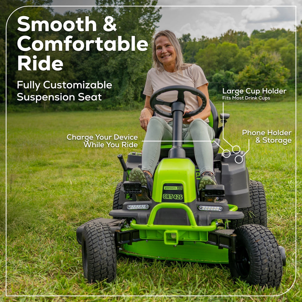 60V 42″ Cordless Battery CrossoverT Riding Lawn Mower: (6) 8.0 Ah Batteries and (3) Dual-Port Turbo Chargers
