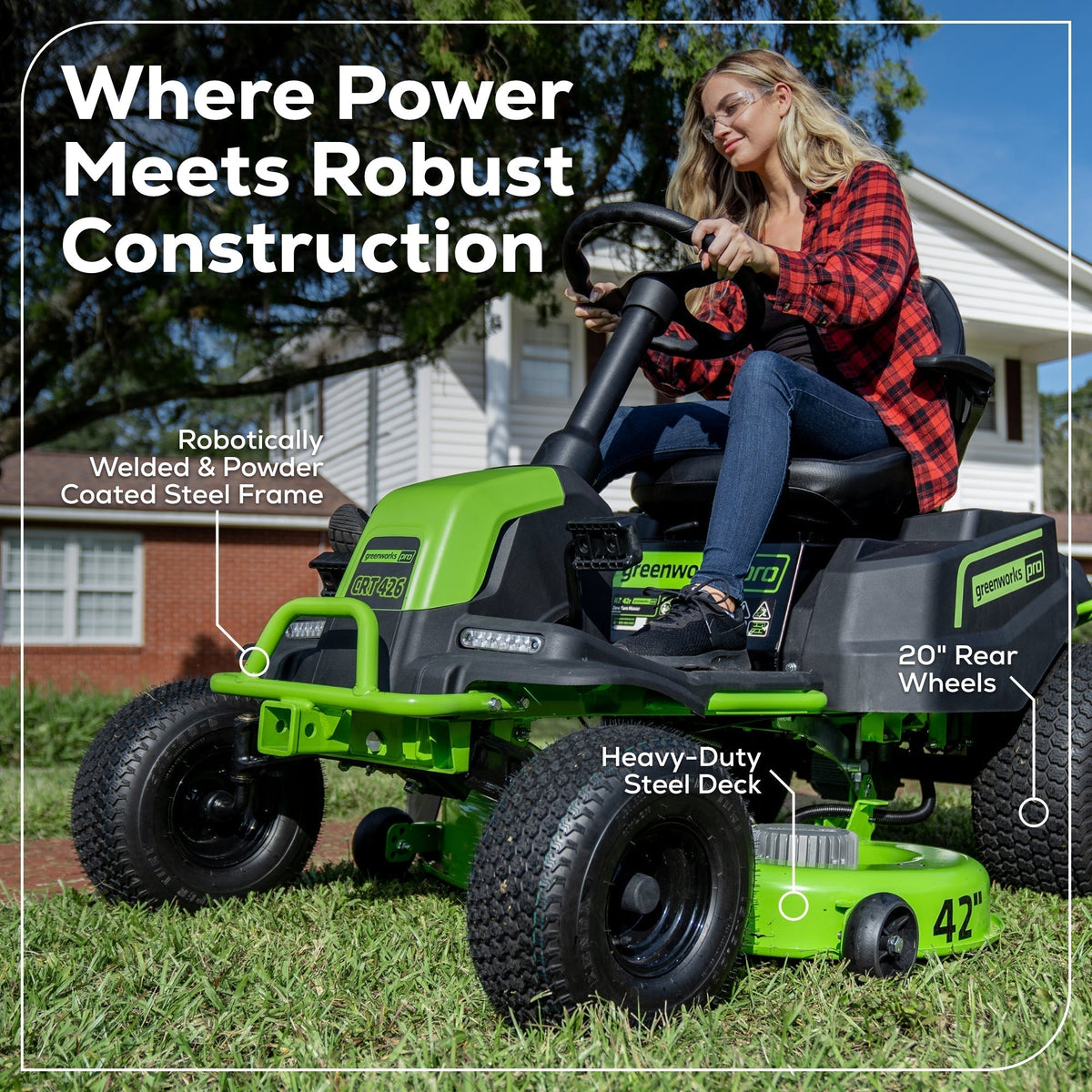 60V 42″ Cordless Battery CrossoverT Riding Lawn Mower: (6) 8.0 Ah Batteries and (3) Dual-Port Turbo Chargers
