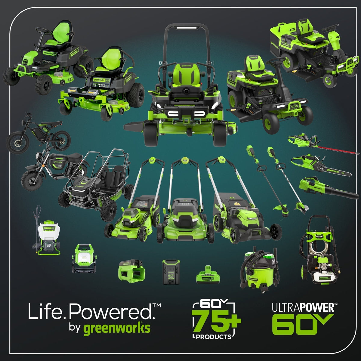 60V 42″ Cordless Battery CrossoverT Riding Lawn Mower: (6) 8.0 Ah Batteries and (3) Dual-Port Turbo Chargers