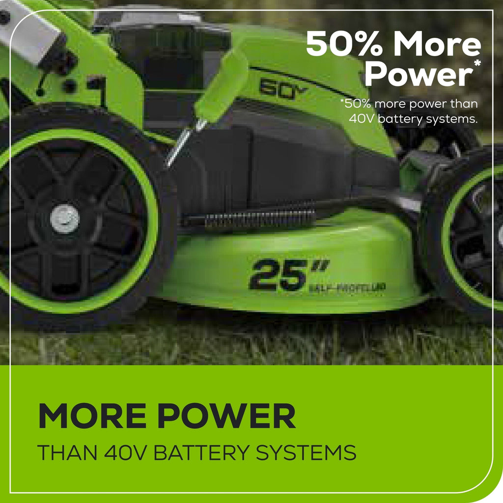 60V 25″ Dual Blade Self-Propelled Mower 5-pc Combo Kit, (3) 4.0 Ah Batteries, (1) Single Port Chargers and (1) Dual-Port Charger
