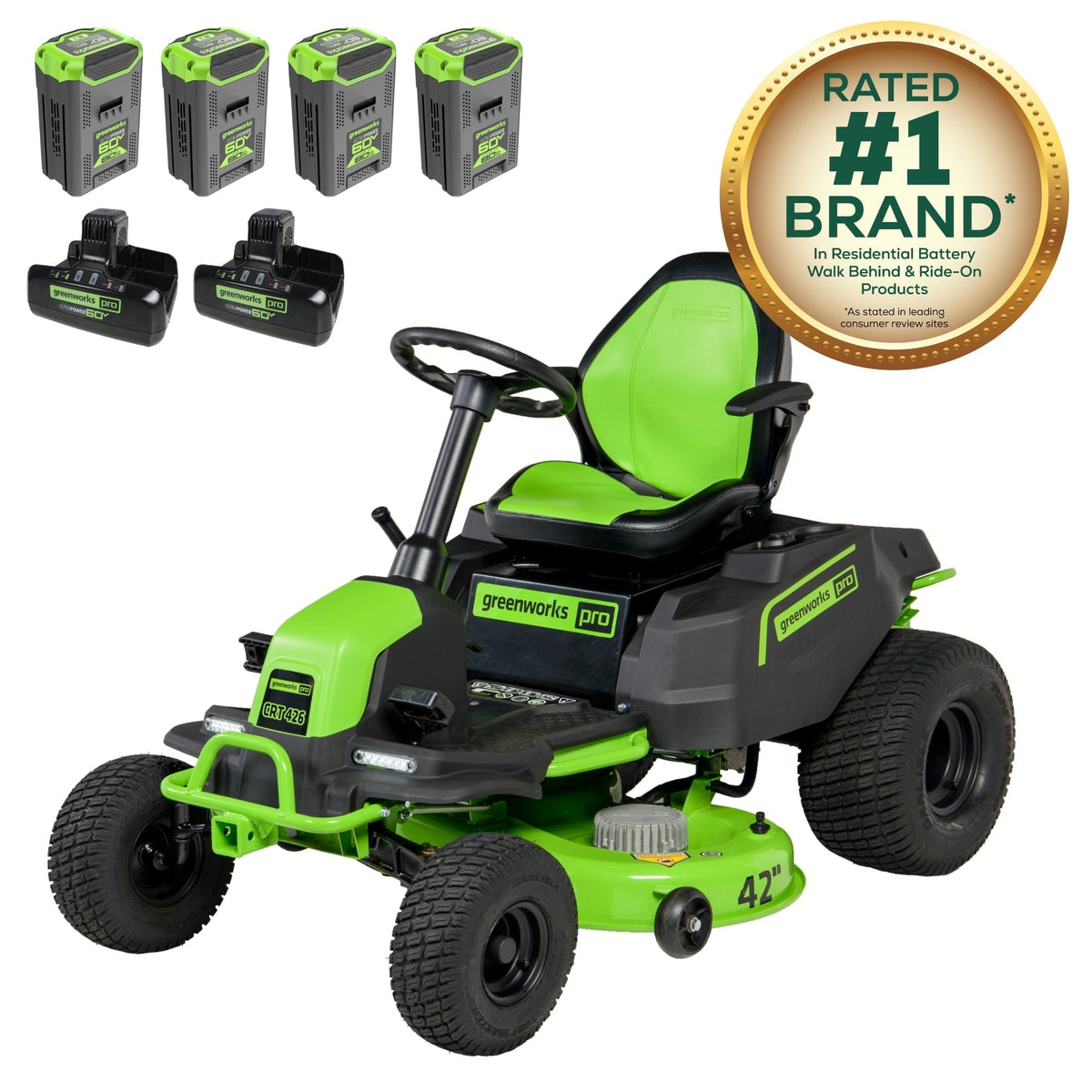 60V 42″ Cordless Battery CrossoverT Riding Lawn Mower, (4) 8.0 Ah Batteries and (2) Dual-Port Turbo Chargers