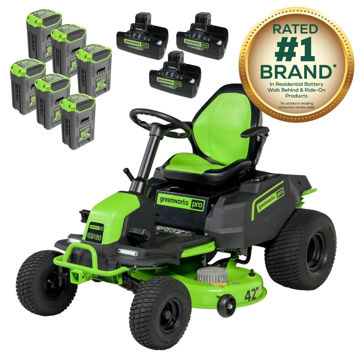 60V 42″ Cordless Battery CrossoverT Riding Lawn Mower: (6) 8.0 Ah Batteries and (3) Dual-Port Turbo Chargers
