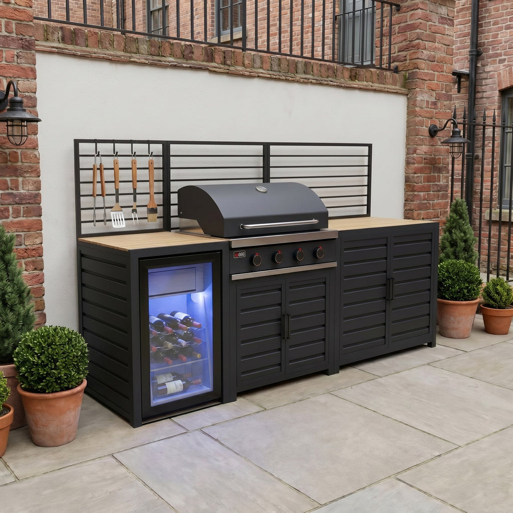 Draco Grills Scandic Modular 4 Burner Barbecue Cabinet with Double Cupboard & Fridge Unit